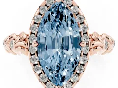 Fancy Blue Marquise Cut Diamond Halo Ring Set in Rose gold with Filigree Leaf Band and Prong Setting