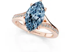 Fancy Blue Marquise Cut Diamond Solitaire Ring Set in Rose gold with Pavé Accent Band and Classic Prong Setting
