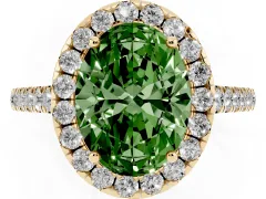 Fancy Green Oval Cut Diamond Halo Pavé Engagement Ring Set in Yellow gold with Prong Setting