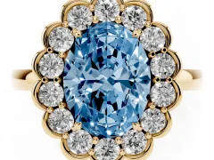 Fancy Blue Oval Cut Diamond Halo Cluster Engagement Ring Set in Yellow gold with Solitaire Band and Prong Setting