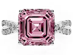 Fancy Pink Asscher Cut Diamond Twist Pavé Solitaire Engagement Ring Set in Platinum with Prong Setting