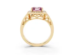 Fancy Pink Asscher Cut Diamond Halo Ring Set in Yellow gold with Pavé and Bezel Accent Split Shank