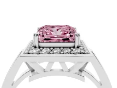 Fancy Pink Princess Cut Diamond Halo Ring Set in Silver with Accent-Lined Split Shank and Prong Setting