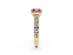 Fancy Pink Asscher Cut Diamond Solitaire Ring Set in Yellow gold with Cut-Down Micro Pavé Band and Prong Setting