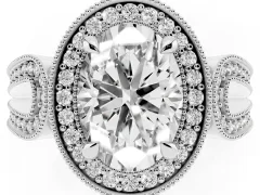 Oval Cut Diamond Halo Ring Set in Platinum with Milgrain Accent Split Shank