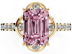 Fancy Pink Emerald Cut Diamond Solitaire Ring Set in Yellow gold with Pavé Band and Floral Prong Setting