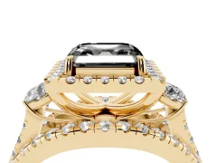 Fancy Black Asscher Cut Diamond Halo Split Shank Ring Set in Yellow gold with Round Accent Stones and Prong Setting