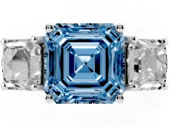 Fancy Blue Asscher Cut Diamond Three-Stone Ring Set in Platinum with Pavé Band