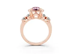 Fancy Pink Emerald Cut Diamond Floral Halo Ring Set in Rose gold with Shared Prong Band