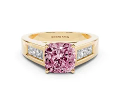 Fancy Pink Cushion Cut Diamond Solitaire Ring Set in Yellow gold with Channel-Set Accent Stones and Prong Setting