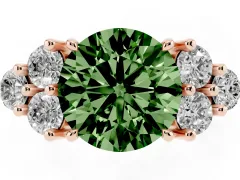 Fancy Green Round Cut Diamond Solitaire Ring Set in Rose gold with Cluster Accents on Each Side