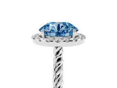 Fancy Blue Round Cut Diamond Halo Ring Set in Silver with Plain Twisted Band