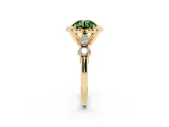 Fancy Green Round Cut Diamond Floral Halo Ring Set in Yellow gold with Shared Prong Band
