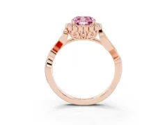 Fancy Pink Cushion Cut Diamond Halo Ring Set in Rose gold with Leaf Motif Split Shank and Prong Setting