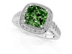 Fancy Green Cushion Cut Diamond Milgrain Halo Solitaire Ring Set in Silver with Bezel Set Side Stones and Pavé Band