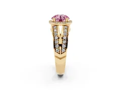 Fancy Pink Round Cut Diamond Halo Ring Set in Yellow gold with Double Pavé Split Shank
