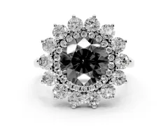 Fancy Black Round Cut Diamond Floral Double Halo Ring Set in Platinum with Round Petals