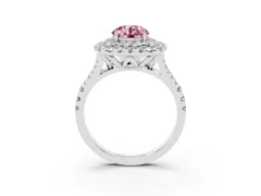 Fancy Pink Round Cut Diamond Double Halo Ring Set in Platinum with Pavé Split Shank and Prong Setting