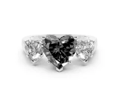 Fancy Black Heart Cut Diamond Three-Stone Trellis Ring Set in Platinum with Comfort Fit Band