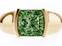 Fancy Green Princess Cut Diamond Bezel Solitaire Ring Set in Yellow gold with Wide Band