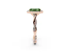 Fancy Green Emerald Cut Diamond Halo Twist Band Solitaire Ring Set in Rose gold with Prong Setting