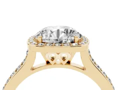 Round Cut Diamond Halo Engagement Ring Set in Yellow gold with Round Pavé Shoulders and Heart Gallery