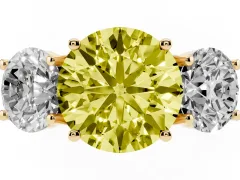 Fancy Yellow Round Cut Diamond Three-Stone Ring Set in Yellow gold with Pavé Band
