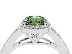 Fancy Green Oval Cut Diamond Halo Split Shank Pavé Ring Set in Silver with Prong Setting