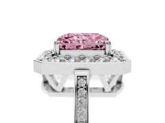 Fancy Pink Radiant Cut Diamond Halo Ring Set in White gold with Accent-Lined Split Shank and Prong Setting