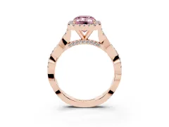 Fancy Pink Emerald Cut Diamond Halo Twist Band Solitaire Ring Set in Rose gold with Prong Setting