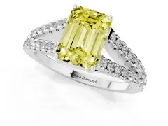 Fancy Yellow Emerald Cut Diamond Split Shank Pavé Engagement Ring Set in Silver with Prong-Held Center Stone