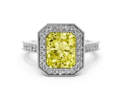 Fancy Yellow Radiant Cut Diamond Halo Milgrain Pavé Band Ring Set in Silver with Prong Setting