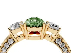 Fancy Green Pear Cut Diamond Three-Stone Ring Set in Yellow gold with Round Side Stones and Pavé Band