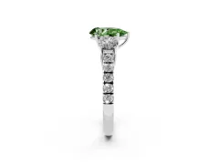 Fancy Green Pear Cut Diamond Three-Stone Ring Set in Silver with Round Side Stones and Delicate Pavé Band