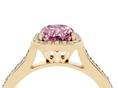 Fancy Pink Radiant Cut Diamond Halo Engagement Ring Set in Yellow gold with Round Pavé Shoulders and Heart Gallery