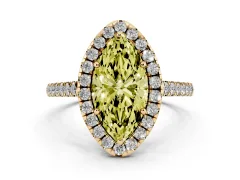 Fancy Yellow Marquise Cut Diamond Pavé Halo Engagement Ring Set in Yellow gold with Pavé Band and Prong Setting