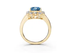 Fancy Blue Princess Cut Diamond Milgrain Halo Solitaire Ring Set in Yellow gold with Bezel Set Side Stones and Pavé Band