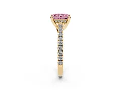 Fancy Pink Radiant Cut Diamond Solitaire Ring Set in Yellow gold with Brilliant Pavé Band and Prong Setting