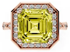 Fancy Yellow Asscher Cut Diamond Halo Engagement Ring Set in Rose gold with Twisted Band and Prong Setting