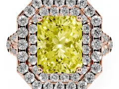 Fancy Yellow Radiant Cut Diamond Double Halo Ring Set in Rose gold with Pavé Split Shank and Prong Setting