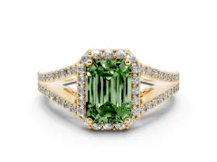 Fancy Green Emerald Cut Diamond Halo Split Shank Pavé Ring Set in Yellow gold with Prong Setting