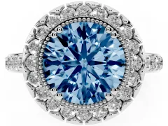 Fancy Blue Round Cut Diamond Halo Ring Set in Platinum with Pavé Shank and Prong Setting