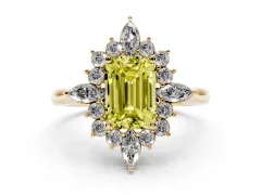 Fancy Yellow Emerald Cut Diamond Cluster Halo Ring Set in Yellow gold with Marquise and Round Accents