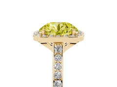 Fancy Yellow Round Cut Diamond Halo Engagement Ring Set in Yellow gold with Round Pavé Shoulders and Heart Gallery