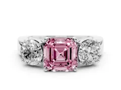 Fancy Pink Asscher Cut Diamond Three-Stone Ring Set in Platinum with Round Side Stones and Classic Band