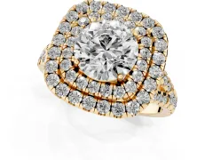 Round Cut Diamond Double Halo Ring Set in Yellow gold with Pavé Split Shank and Prong Setting