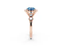 Fancy Blue Round Cut Diamond Floral Halo Ring Set in Rose gold with Shared Prong Band