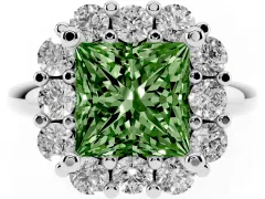 Fancy Green Princess Cut Diamond Halo Cluster Engagement Ring Set in White gold with Polished Band and Prong Setting