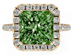 Fancy Green Princess Cut Diamond Halo Pavé Engagement Ring Set in Yellow gold with Prong Setting
