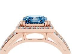 Fancy Blue Asscher Cut Diamond Halo Ring Set in Rose gold with Double Pavé Split Shank